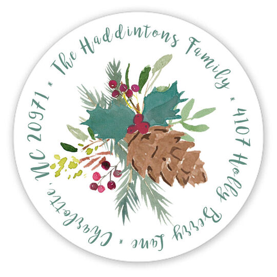 Teal Pine Cone Spray Round Address Labels